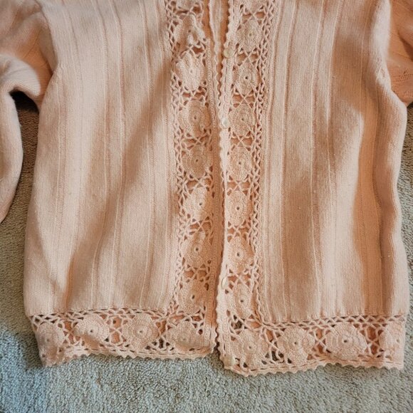 ❤️ 3 for $35 VINTAGE koret crochet afghan trim cardigan sweater peach medium - Picture 4 of 8